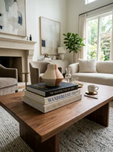 Coffee table books styled with a decorative object