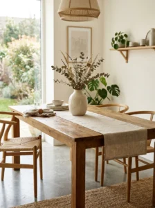 Dining table styled with a linen table runner.
