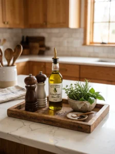 Wooden tray organizing everyday kitchen countertop essentials