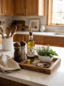 Kitchen countertop styled with coordinated colors and natural materials