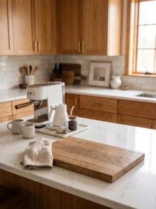 Kitchen counter with clear space between styled decor groups