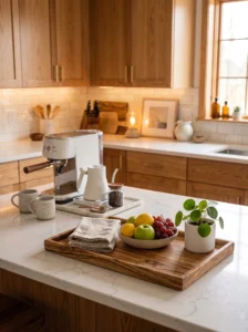 Bright welcoming kitchen with a consistently organized countertop, neatly grouped functional accessories, coffee station, wooden tray, fresh fruit, small indoor plant, clean quartz countertops and warm layered lighting, Scandinavian interior, ultra realistic architectural photography, editorial magazine quality, 8K.