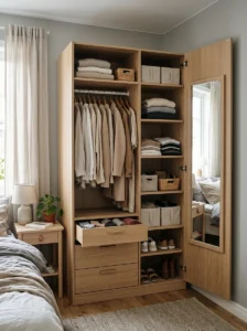Alt Text: Freestanding wardrobe providing hanging storage in a bedroom without a closet.