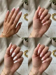 Classic white French tip variations on almond-shaped nails