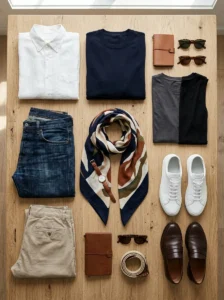 Alt Text:
Versatile travel clothing pieces arranged to create multiple mix-and-match outfit combinations.