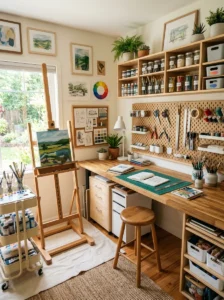 Alt Text: Art studio with natural and task lighting for creative work.