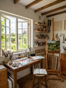 Alt Text: Organized art studio ready for the next creative session.