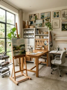 Alt Text: Creative and organized art studio with functional design features.