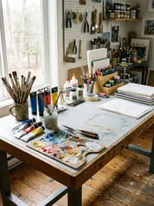 Alt Text: Art studio divided into organized creative work zones.