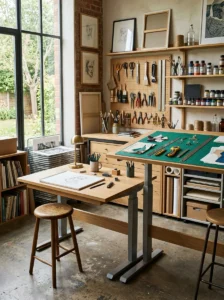 Alt Text: Clean planning and sketching zone in an organized art studio.