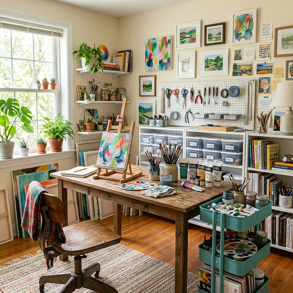 Alt Text: Organized art studio hobby room with creative supplies and functional workspaces.