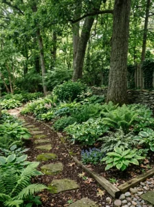 Lush shade garden with healthy perennials growing beneath mature trees.