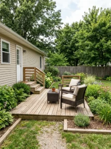 Alt Text: Affordable wood and composite decking used for a patio floor.