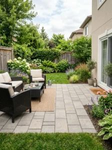 Alt Text: Affordable gravel and loose-fill patio flooring in a landscaped backyard.
