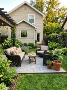 Alt Text: Stylish affordable patio with budget-friendly flooring and landscaping.