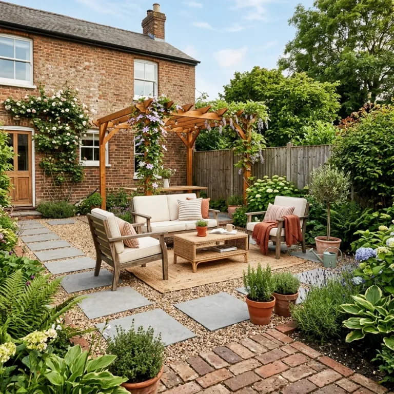 Alt Text: Inexpensive patio floor ideas using gravel, pavers, brick, and wood.