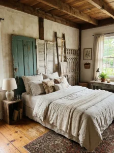 Alt Text: Old wooden door repurposed as a bedroom headboard.