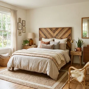 Alt Text: Affordable DIY headboard in a stylish bedroom.