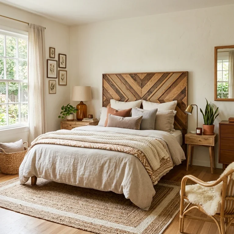 Alt Text: Affordable DIY headboard in a stylish bedroom.