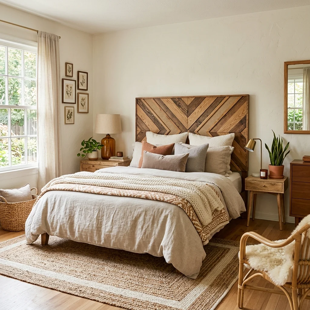 Alt Text: Affordable DIY headboard in a stylish bedroom.