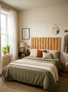 Alt Text: Cozy bedroom featuring an affordable handmade DIY headboard.