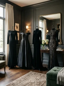 Alt Text: Collection of elegant black gowns in different formal styles