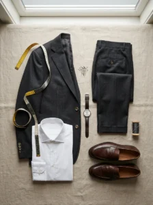 Alt Text:
Tailoring essentials and well-fitted clothing representing the importance of fit over brand