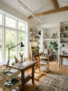 Alt Text: Adjustable task lamp illuminating an organized art workspace.