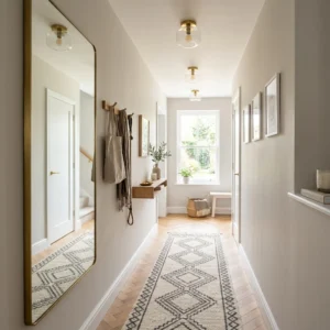 Tiny hallway with light walls, mirrors, warm lighting, slim storage, and a runner rug designed to make the space look larger.