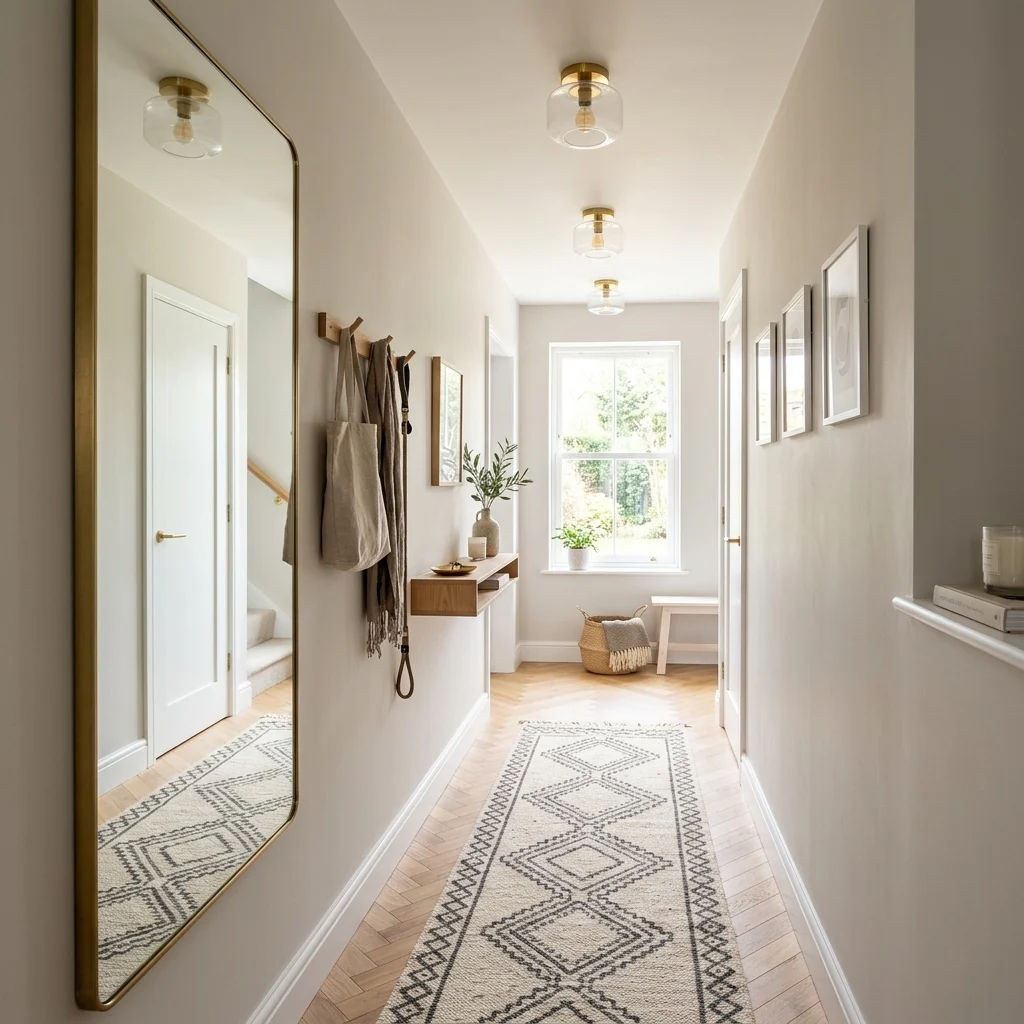 Tiny hallway with light walls, mirrors, warm lighting, slim storage, and a runner rug designed to make the space look larger.