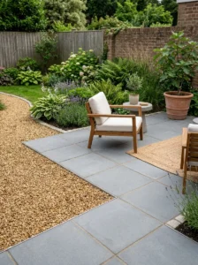 Alt Text: Affordable patio flooring ideas combined in a stylish backyard.