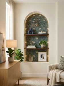 Alt Text: Coordinated wallpaper and paint colors in a modern interior.