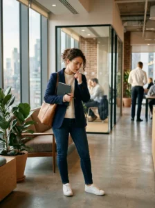 Professional woman in polished job interview outfit in a modern office.