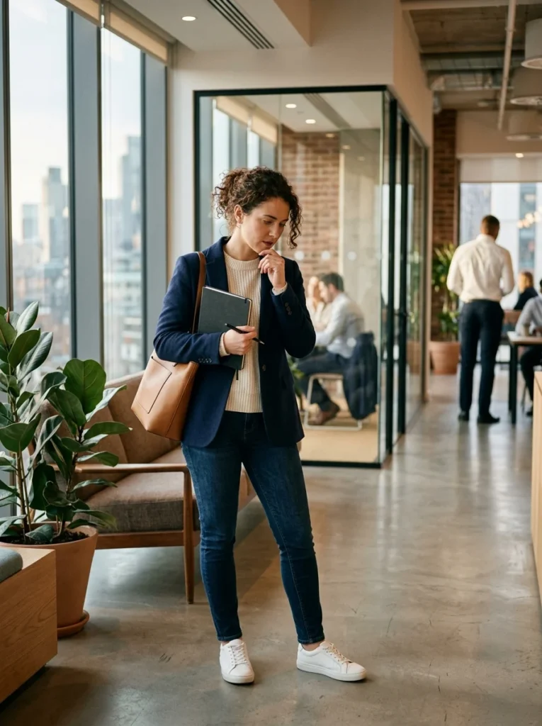 Professional woman in polished job interview outfit in a modern office.