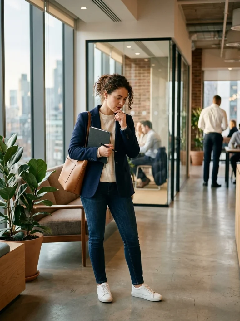 Professional woman in polished job interview outfit in a modern office.