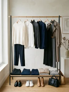Alt Text: Intentional capsule wardrobe with versatile clothing pieces that coordinate together