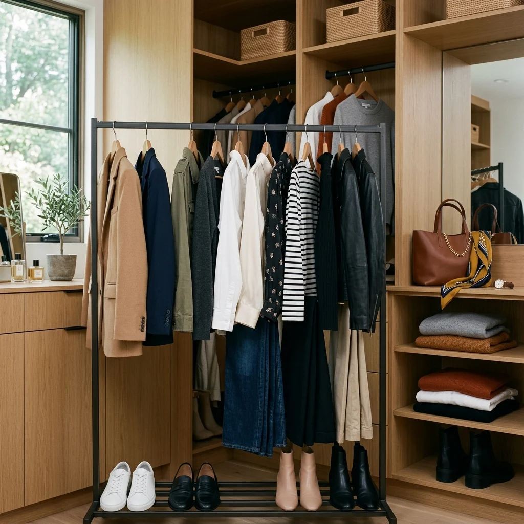Alt Text: Capsule wardrobe with versatile pieces arranged into coordinated outfits