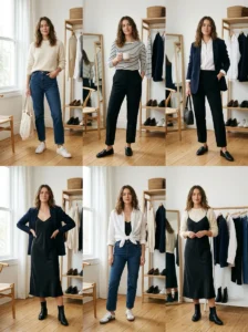 Alt Text: Capsule wardrobe focused on maximizing outfit combinations from fewer pieces