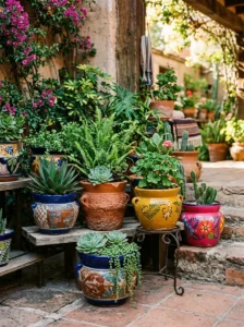 Alt Text: Hand-painted Talavera tile accents on a colorful Mexican patio