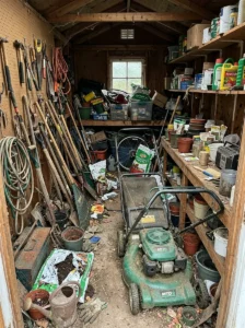 Shed wall with pegboard, tool strips, and vertical racks keeping garden tools organized.