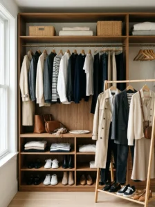 Alt Text: Functional capsule wardrobe built around coordinated pieces, color, categories, and seasonal maintenance