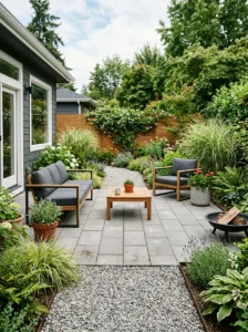 Alt Text: Painted concrete patio with an inexpensive stenciled pattern.