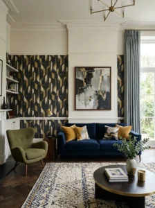 Alt Text: Contemporary wall with vertical wallpaper and paint split.