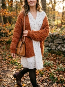 Lightweight summer dress balanced with a heavier cardigan for fall