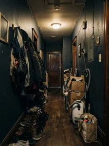 Narrow hallway with dark walls, poor lighting, and clutter that makes the space feel smaller.