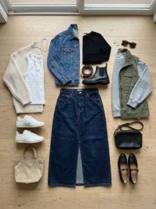Alt Text: Long denim skirt wardrobe essentials and styling combinations