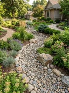 Alt Text: Decorative river rock dry creek bed adding visual movement to a yard.