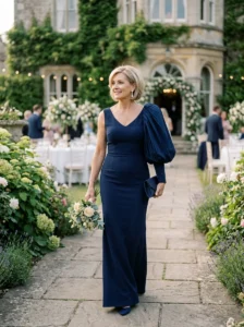 Alt Text: Confident mother of the bride wearing a unique elegant formal gown.