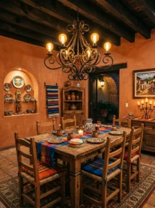 Traditional Mexican living room using rich terracotta, cobalt blue, ochre, and deep red colors.