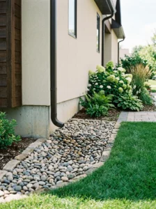 Alt Text: River rock splash zone beneath a home's downspout.